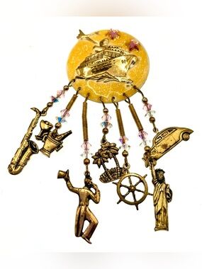 Vintage Moulin Rouge Travel Theme Charm Brooch Cruise Ship Airplane 1980s